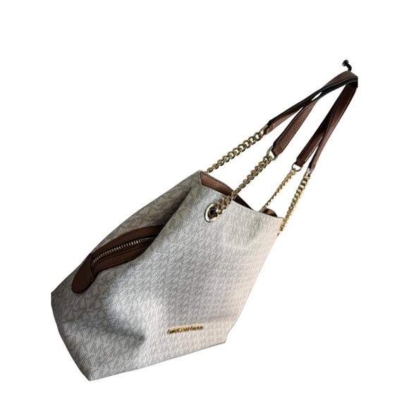Michael Kors White Monogram Canvas Chain Tote Bag With Gold Accents - Picture 7 of 13